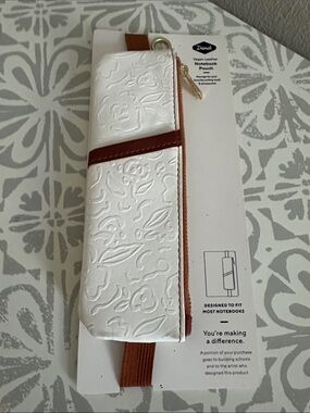 White Embossed Vegan Leather Notebook Pouch with Brown Accent NWT